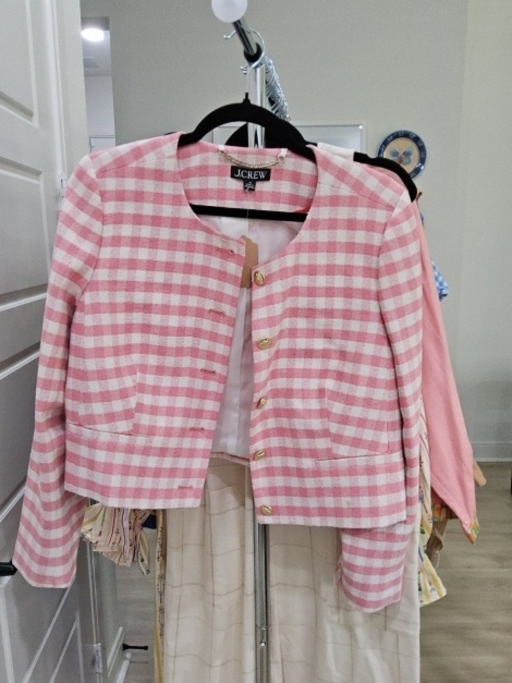 J. Crew Pink and White Gingham Cropped Blazer